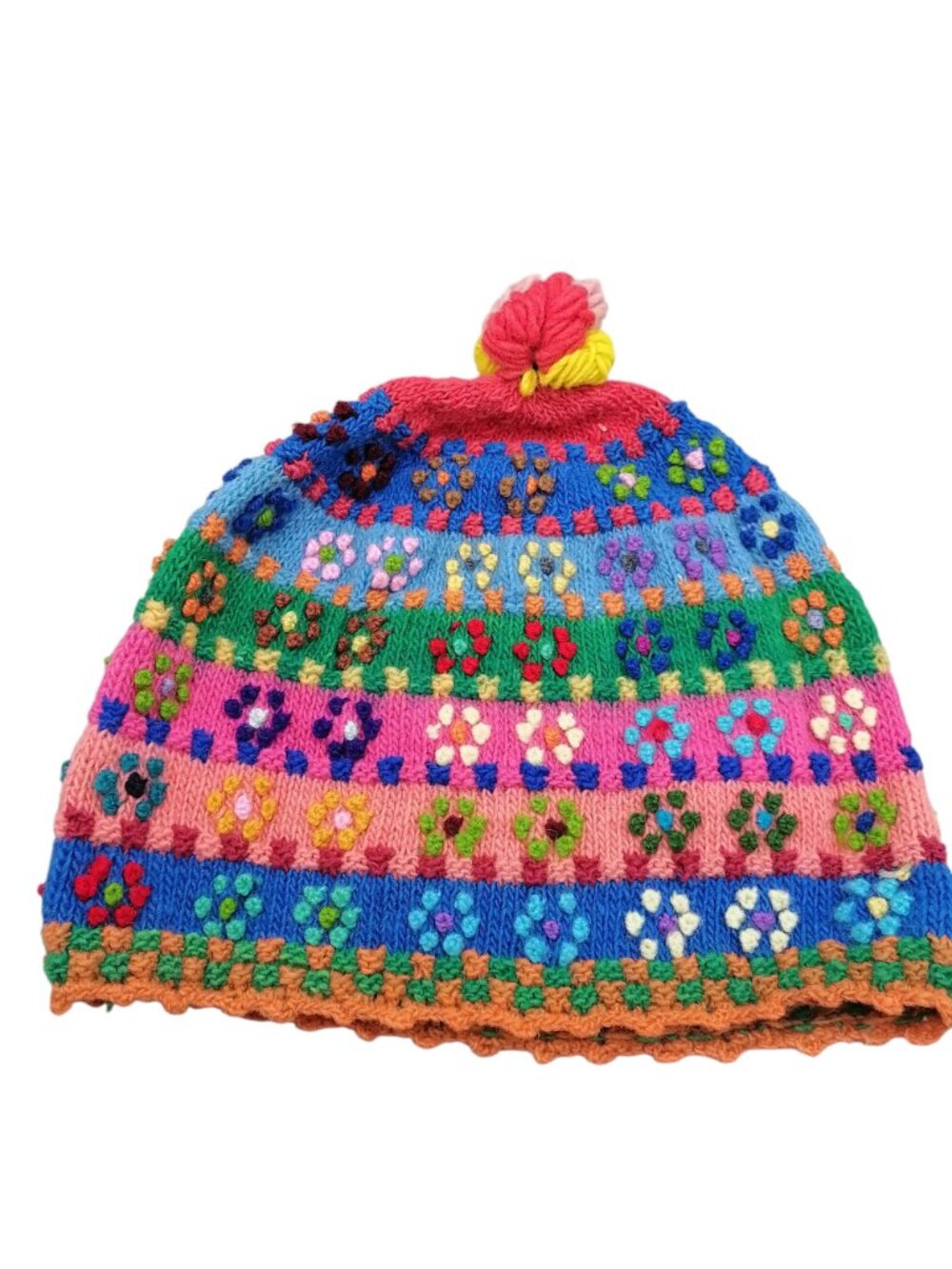 Traditional Hand-Knitted Andean Chullo with Floral Embroidery – Warm Winter Hat